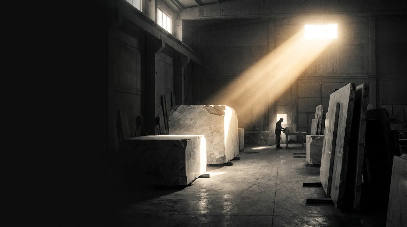 The Indic Decor atelier, raw marble blocks and slabs in a vast dim workshop, a craftsman lit by a shaft of warm light