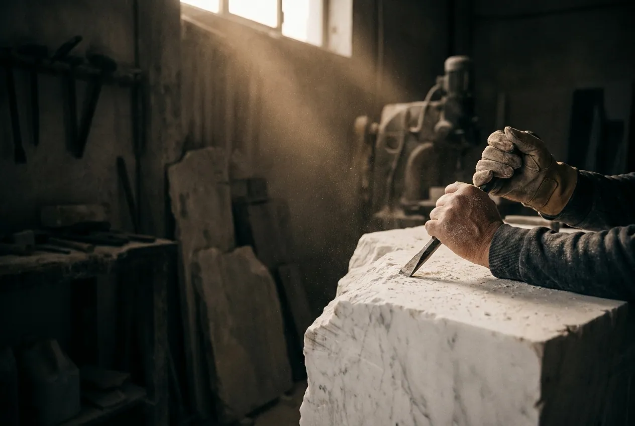 A craftsman working a block of white marble in the Indic Decor atelier, stone dust in a shaft of warm light