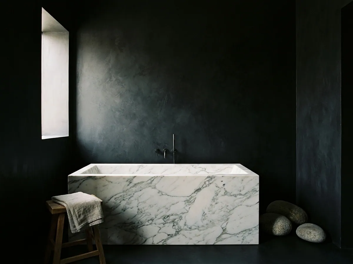 A Indian Statuario marble bath visualised in a luxury bathroom